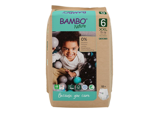 Bambo Nature Premium Training Pants – Eco-friendly pull-ups for secure, comfy potty training. Discreet, flexible design for active days and restful nights. Size 6 / XXL (18 pcs). Ask ChatGPT Bambo Nature