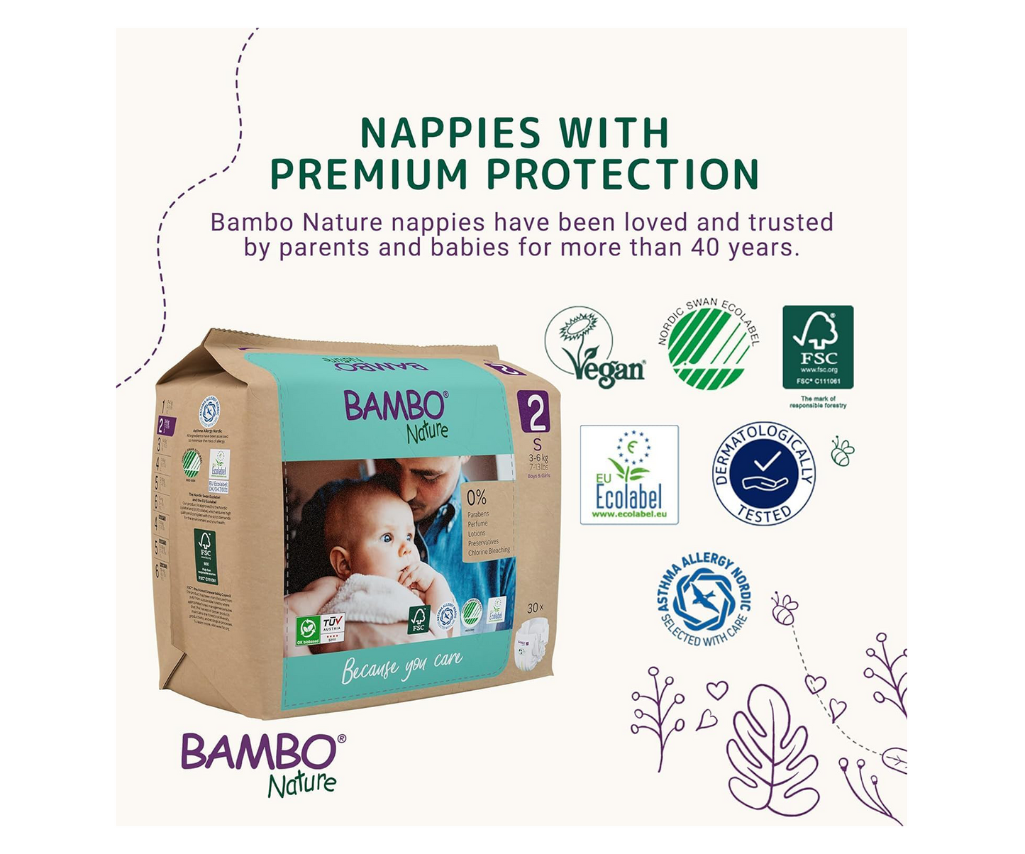 Bambo Nature Premium Eco Nappies – Size 2 Mini (3–6 kg / 7–13 lb), 180-Pack
