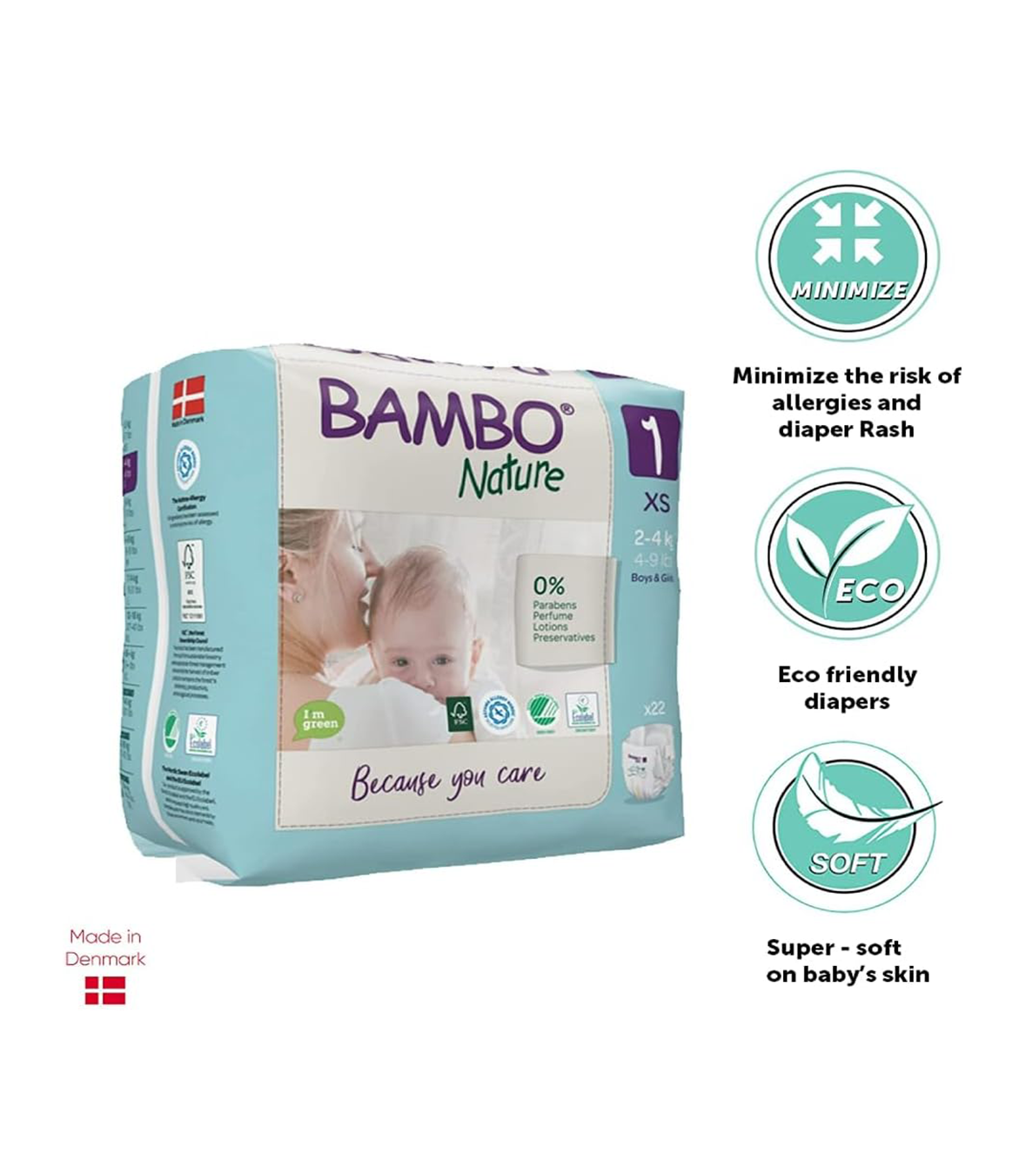 Bambo Nature Premium Eco Nappies, Eco-Labelled Newborn Nappies, Enhanced Leakage Protection, Secure & Comfortable Baby Nappies, Newborn Essentials - Size 1
