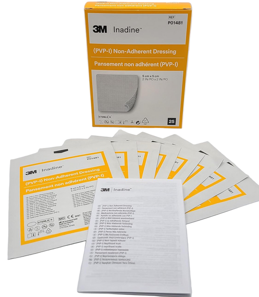 A box of 3M Inadine Non-Adherent Antimicrobial Dressings, with several individually wrapped dressings displayed in front of the box.