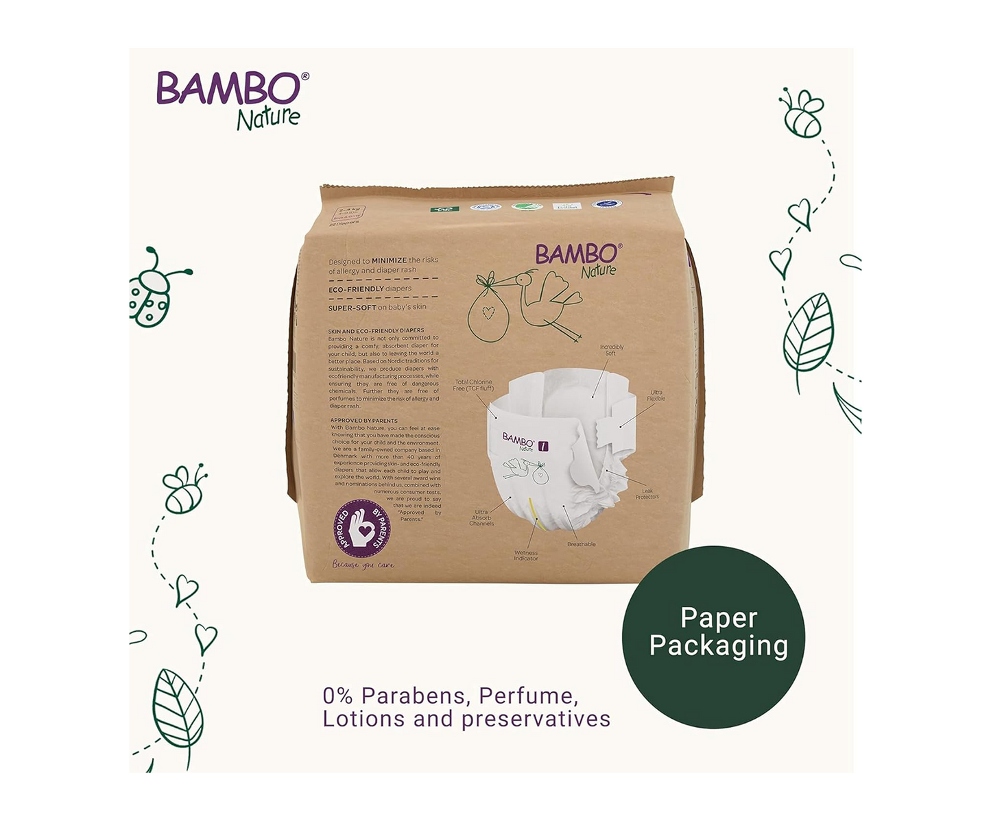 Bambo Nature Premium Eco Nappies – Size 1 Newborn (2–4 kg / 4–9 lb), 132-Pack