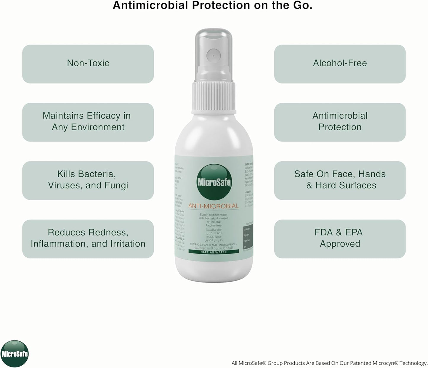 MicroSafe antimicrobial spray bottle with features listed on a white background