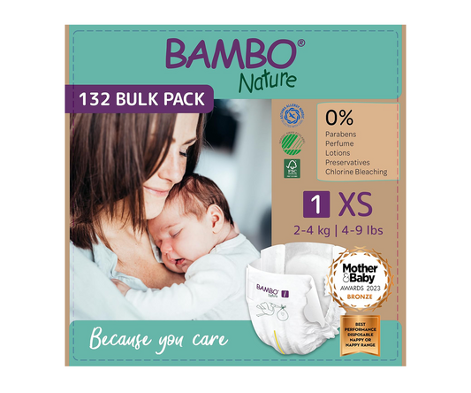 Bambo Nature Premium Eco Nappies – Size 1 Newborn (2–4 kg / 4–9 lb), 132-Pack