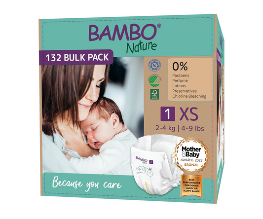 Bambo Nature Premium Eco Nappies – Size 1 Newborn (2–4 kg / 4–9 lb), 132-Pack