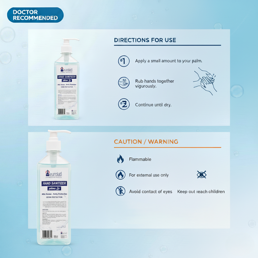 Hand sanitizer bottle with usage instructions and safety warnings on a light blue background