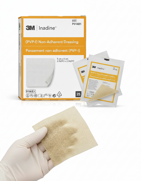 A box of 3M Inadine Non-Adherent Antimicrobial Dressings, with several individually wrapped dressings displayed in front of the box.