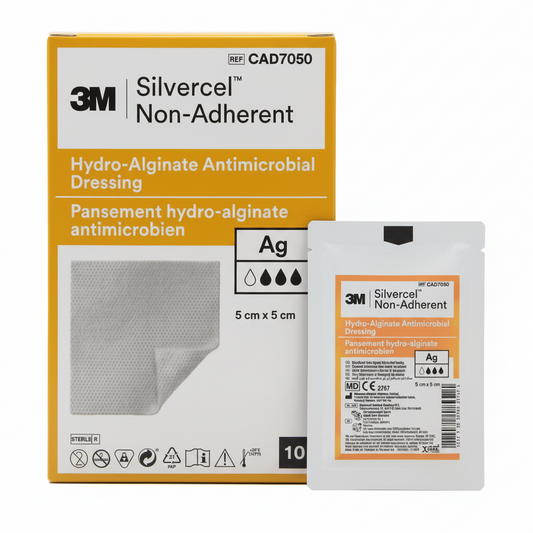 A roll of 3M Silvercel Non-Adherent Hydro-Alginate Antimicrobial Dressing with a dotted pattern.