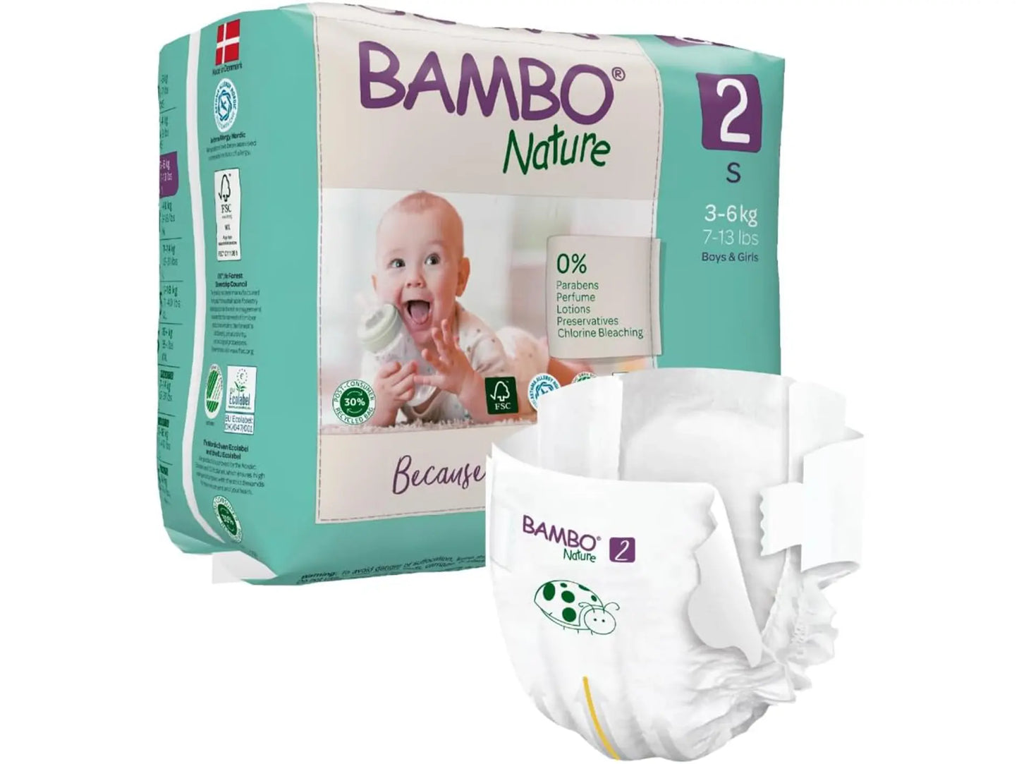 Size 2 Nappies Premium Eco Nappies, Eco-Friendly Sustainable Nappies, Enhanced Leakage Protection, Secure & Comfortable Baby Nappies, Secure & Comfortable - (7-13lb/3-6kg), Mini, 30PK