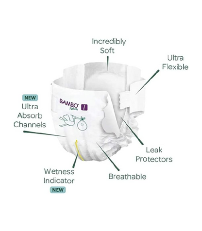 Bambo Nature Premium Eco Nappies, Eco-Labelled Newborn Nappies, Enhanced Leakage Protection, Secure & Comfortable Baby Nappies, Newborn Essentials - Size 1