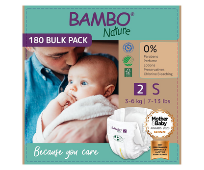 Bambo Nature Premium Eco Nappies – Size 2 Mini (3–6 kg / 7–13 lb), 180-Pack