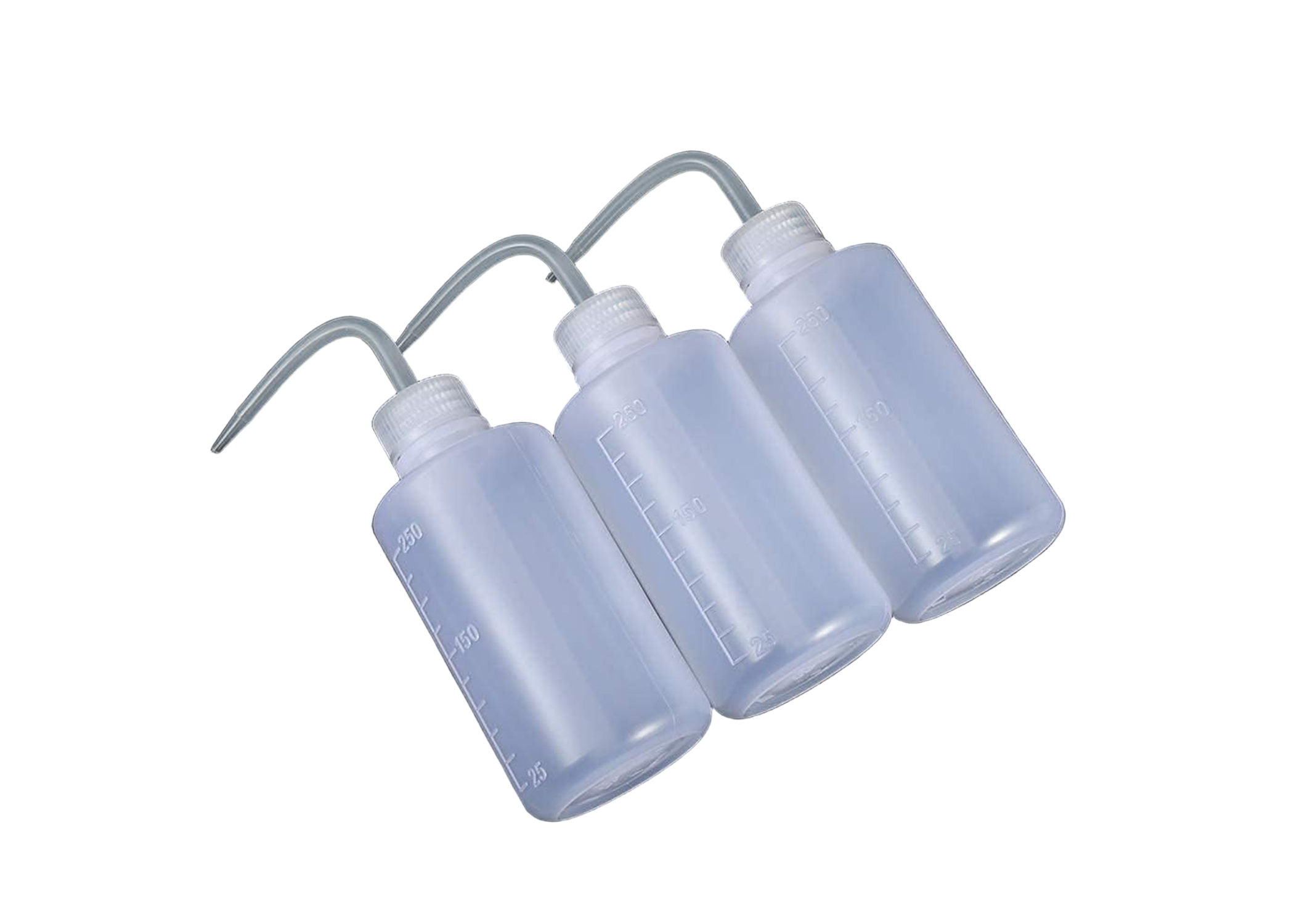 Set of three clear plastic bottles with a hose on a black background