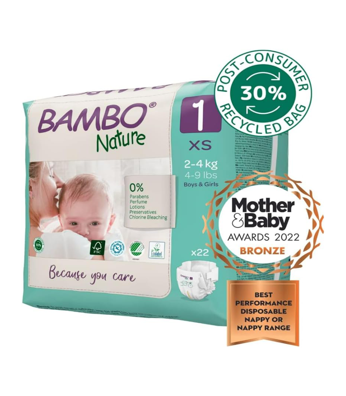 Bambo Nature Premium Eco Nappies, Eco-Labelled Newborn Nappies, Enhanced Leakage Protection, Secure & Comfortable Baby Nappies, Newborn Essentials - Size 1