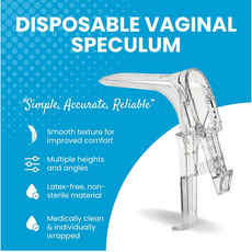 Disposable vaginal speculum with product details on a blue background