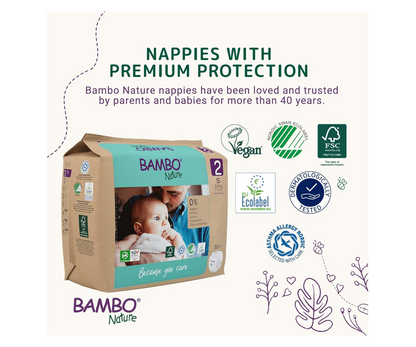 Bambo Nature Premium Eco Nappies – Size 2 Mini (3–6 kg / 7–13 lb), 180-Pack