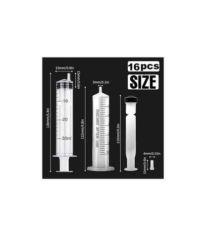 Pack of 16 30 ml Syringes, Sterile Syringes with Lid, Plastic Syringe for Oil, Brake Fluid, Reusable Plastic Syringe for Small Pet Feeding, Engine Oil or Brake Fluid