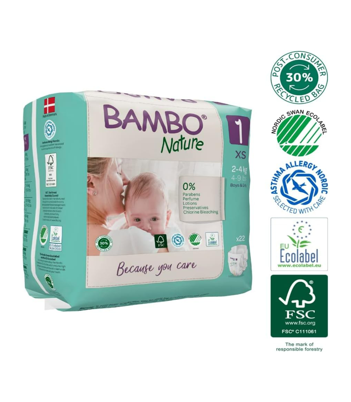 Bambo Nature Premium Eco Nappies, Eco-Labelled Newborn Nappies, Enhanced Leakage Protection, Secure & Comfortable Baby Nappies, Newborn Essentials - Size 1