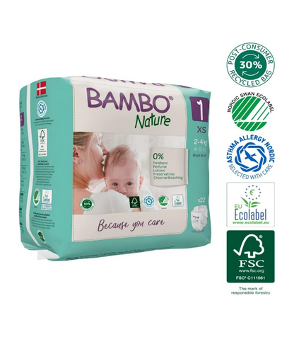 Bambo Nature Premium Eco Nappies, Eco-Labelled Newborn Nappies, Enhanced Leakage Protection, Secure & Comfortable Baby Nappies, Newborn Essentials - Size 1