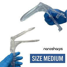 Clear medical device with blue gloves and 'SIZE MEDIUM' text on a white background