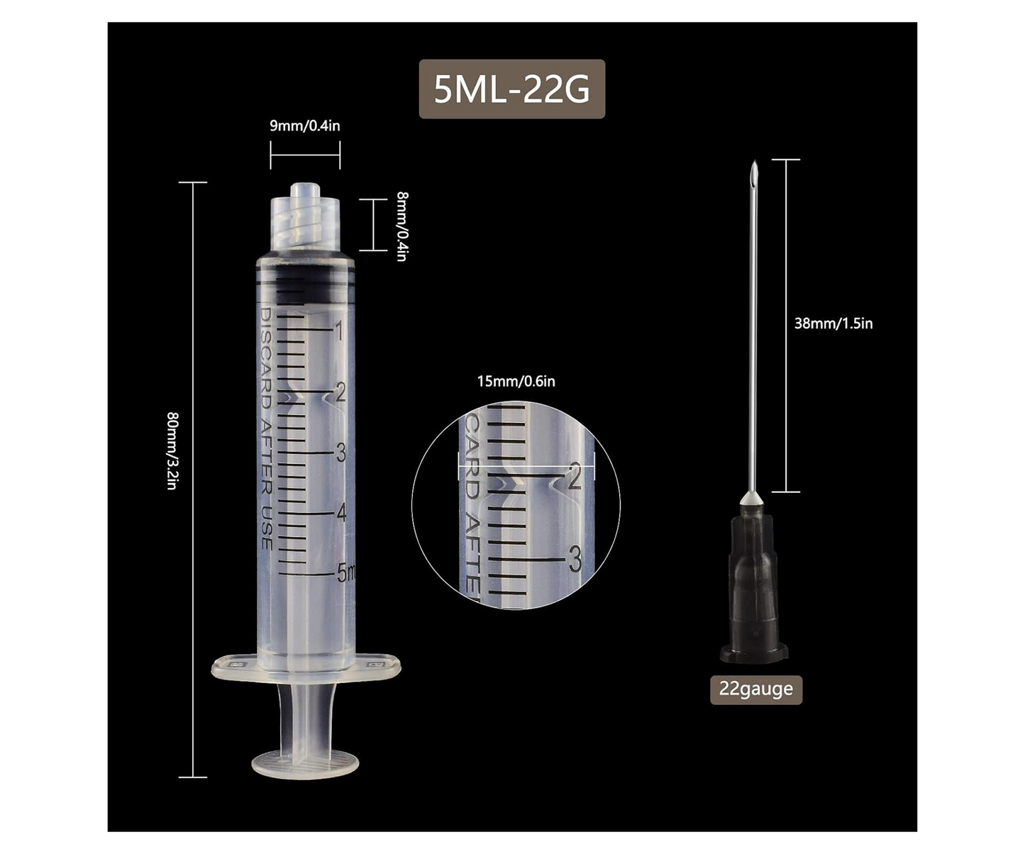 5ml Disposable Syringes with 22 Ga 1 Inch Needle, for Scientific Labs, Industrial, Liquid Measuring, Dispensing, Pack of 20