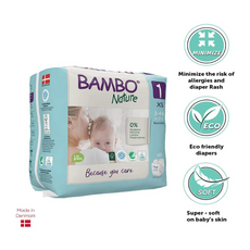 Bambo Nature Premium Eco Nappies, Eco-Labelled Newborn Nappies, Enhanced Leakage Protection, Secure & Comfortable Baby Nappies, Newborn Essentials - Size 1