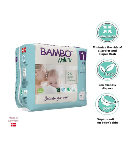 Bambo Nature Premium Eco Nappies, Eco-Labelled Newborn Nappies, Enhanced Leakage Protection, Secure & Comfortable Baby Nappies, Newborn Essentials - Size 1