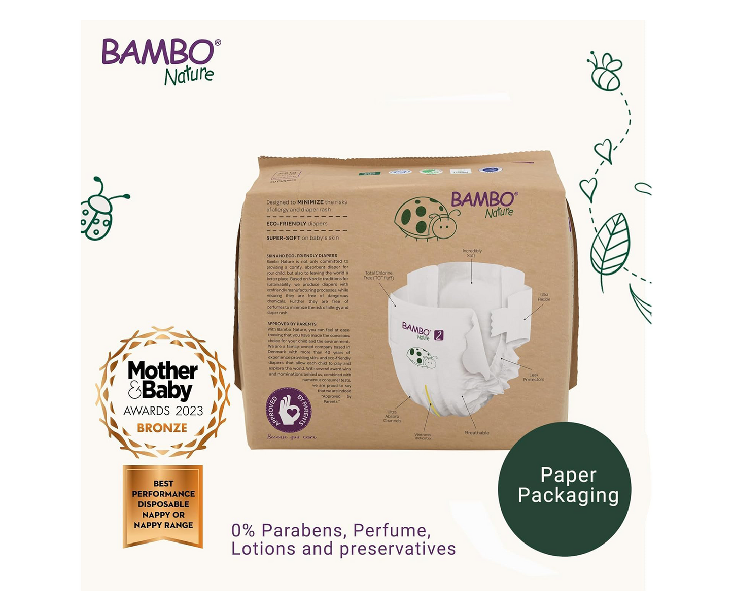 Bambo Nature Premium Eco Nappies – Size 2 Mini (3–6 kg / 7–13 lb), 180-Pack