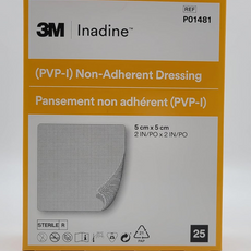 Box of 3M Inadine PVP-I Non-Adherent Dressing with yellow and gray packaging.