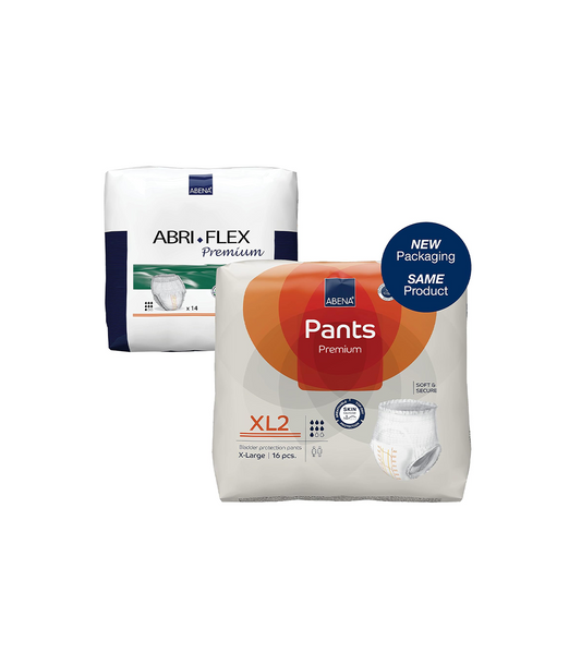Packaging of adult diapers with new packaging label.