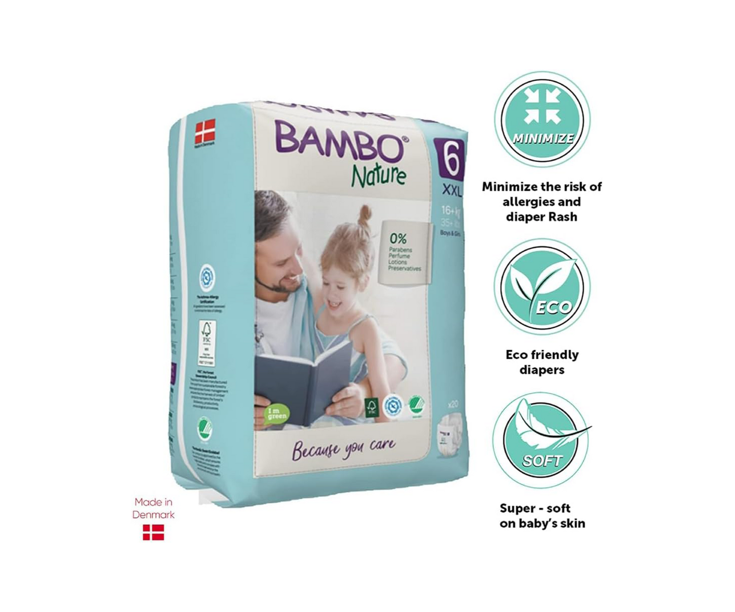 Bambo Nature Premium Eco Nappies, Size 6 (+16kg), XXL, 120PK, Eco-Labelled Sustainable Nappy, Enhanced Leakage Protection, Secure and Comfortable Baby Nappies