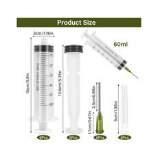 6Pcs 60ML Plastic Syringe with Measurement, Feeding, Needle, lab, Reusable syringes Set , with 6 Needle Caps, Ideal for Watering, Refilling, Oil or Glue Applicator, Feeding Pets