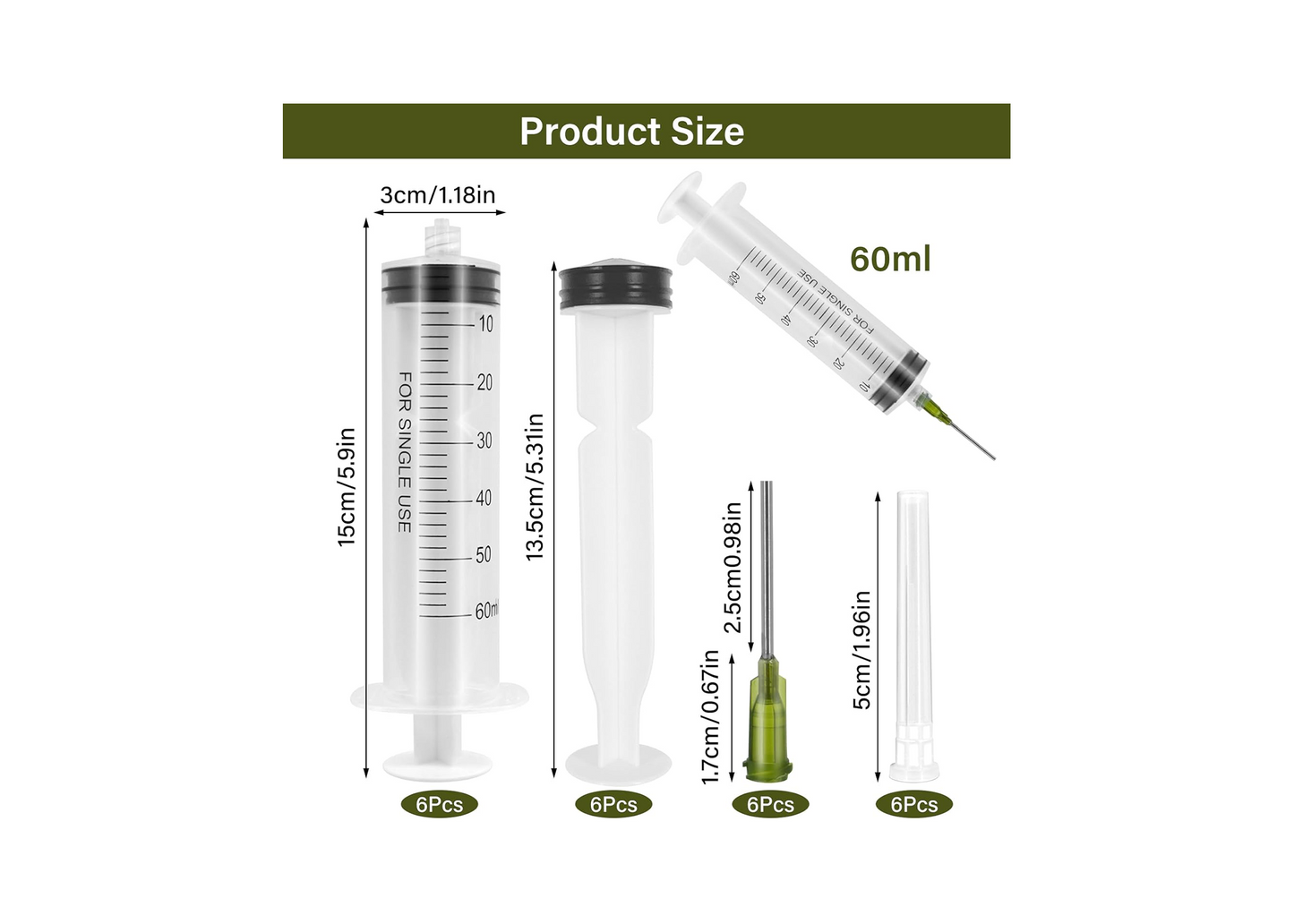 PEAKTOP 6Pcs 60ML Plastic Syringe with Measurement, Feeding, Needle, lab, Reusable syringes Set , with 6 Needle Caps, Ideal for Watering, Refilling, Oil or Glue Applicator, Feeding Pets