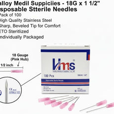 Box of Halloy Medil Supplicies disposable sterile needles with needle illustration and specifications.