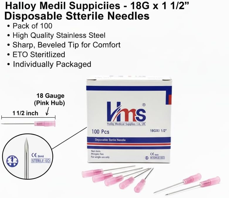 Box of Halloy Medil Supplicies disposable sterile needles with needle illustration and specifications.