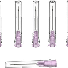 Set of five medical syringe needles with purple plungers on a white background
