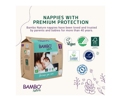 Bambo Nature Premium Eco Nappies – Size 1 (2–4 kg / 4–9 lb), 22 Pack