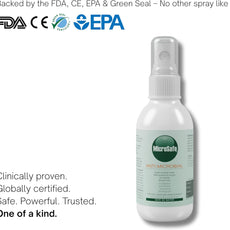 MicroSafe anti-microbial spray bottle with certification logos on a white background