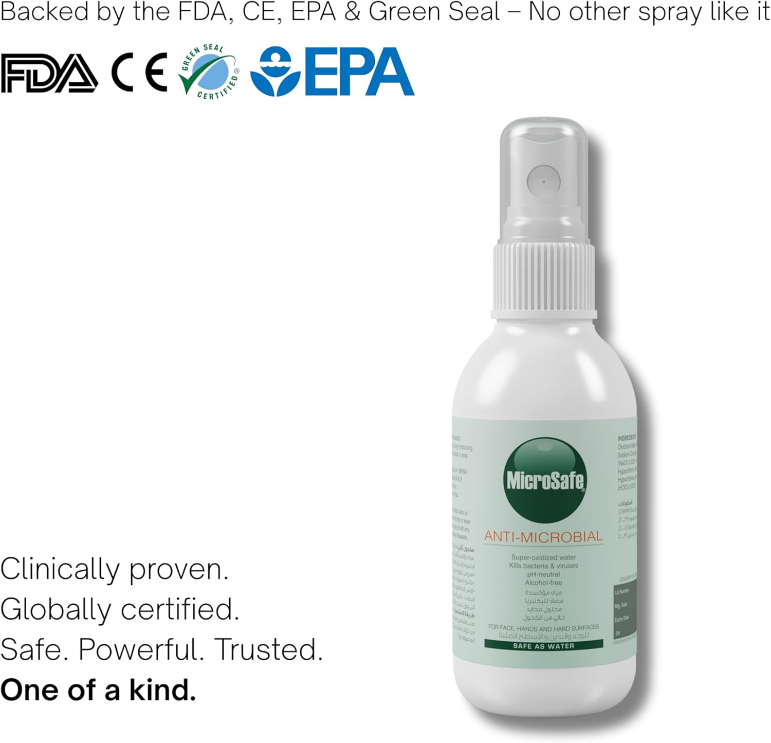 MicroSafe anti-microbial spray bottle with certification logos on a white background