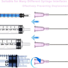 Illustration of syringes with needle connectors and text about compatibility.