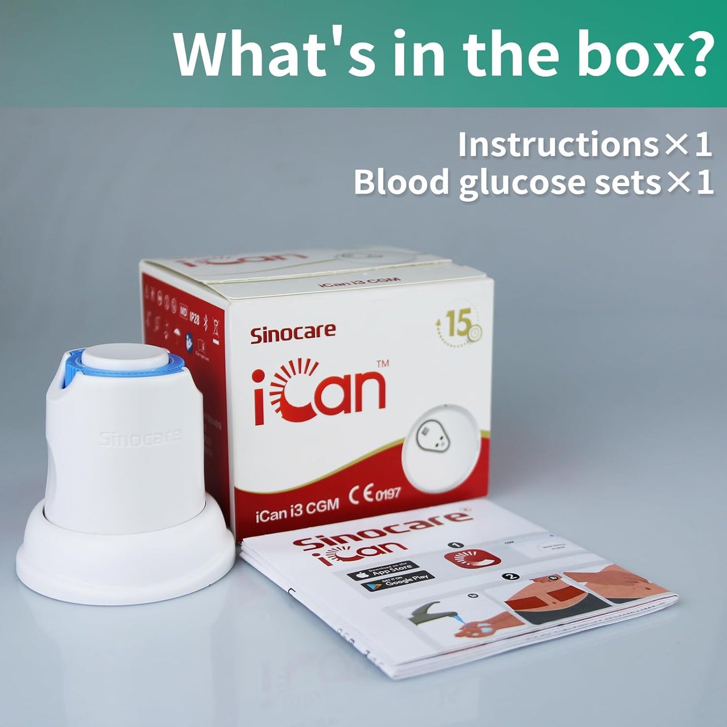 Sinocare iCan i3 Continuous Glucose Monitor 15 Days CGM Sensor Blood Sugar Monitoring Diabetes Management Smart Glucose Device Automatically Real-time 3 Minutes Readings Updates Tracking via App - iHealthcare