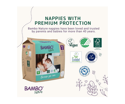 Bambo Nature Premium Eco Nappies – Size 1 Newborn (2–4 kg / 4–9 lb), 132-Pack