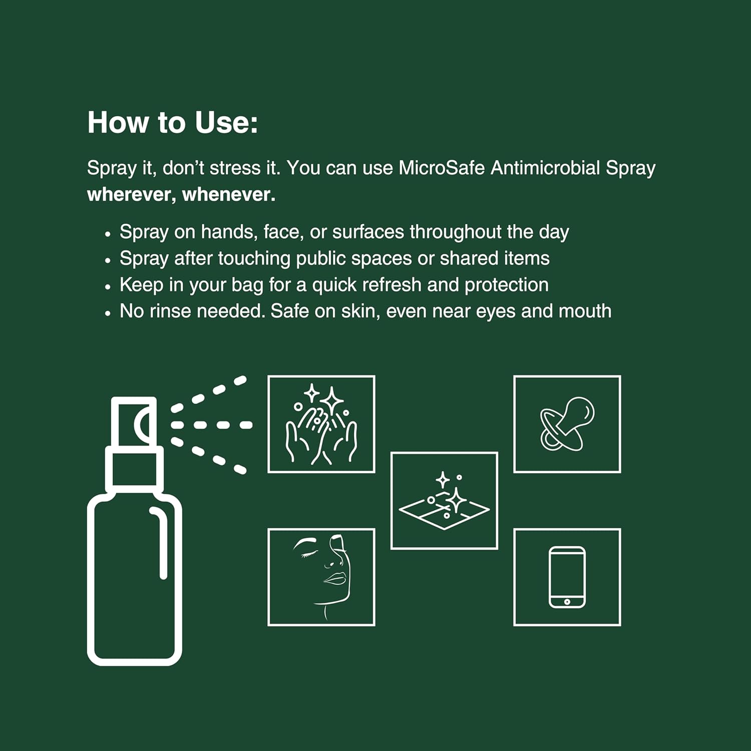 Instructions on how to use MicroSafe Antimicrobial Spray with illustrations and text on a green background.
