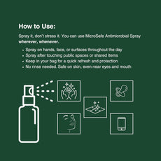 Instructions on how to use MicroSafe Antimicrobial Spray with illustrations and text on a green background.
