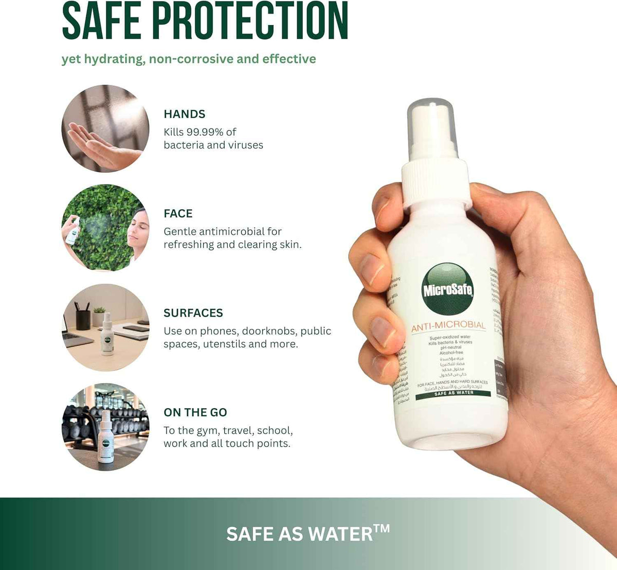 Microsafe Antimicrobial Spray 120ml – Alcohol-Free Disinfectant for Hands, Face & Surfaces | Kills Bacteria & Viruses in 30 Seconds | Natural, Non-Toxic, No Smell, No Stickiness | Super-Oxidized Water