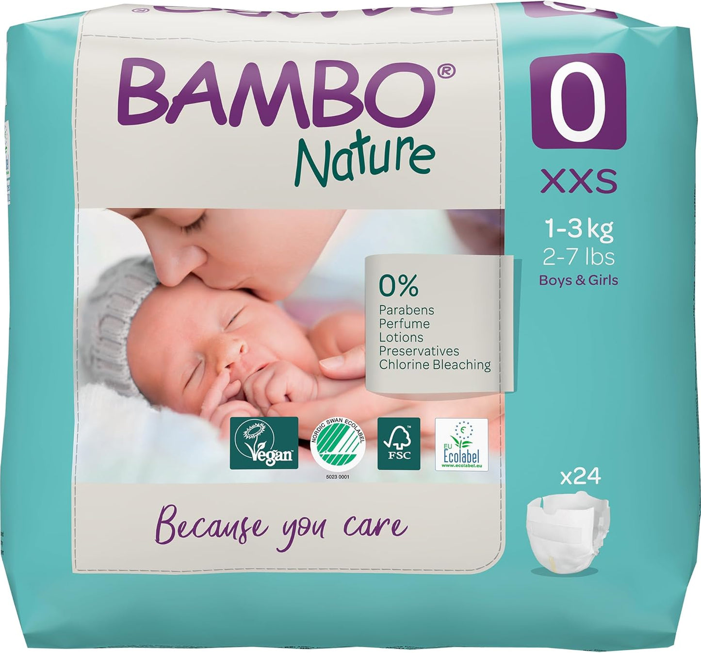Size 0 Premium Eco Nappies, Premature (2-7lb/1-3kg) Pack of 24, XXS