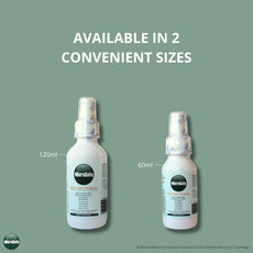 Two bottles of MicroSafe antiseptic spray with labels indicating sizes on a green background.