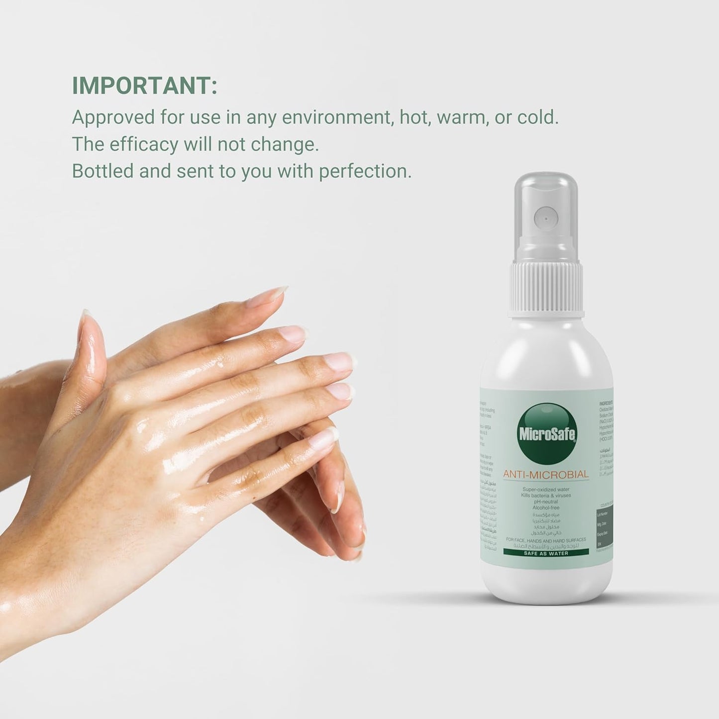 Hand holding a bottle of MicroSafe antiseptic spray with text about product approval.