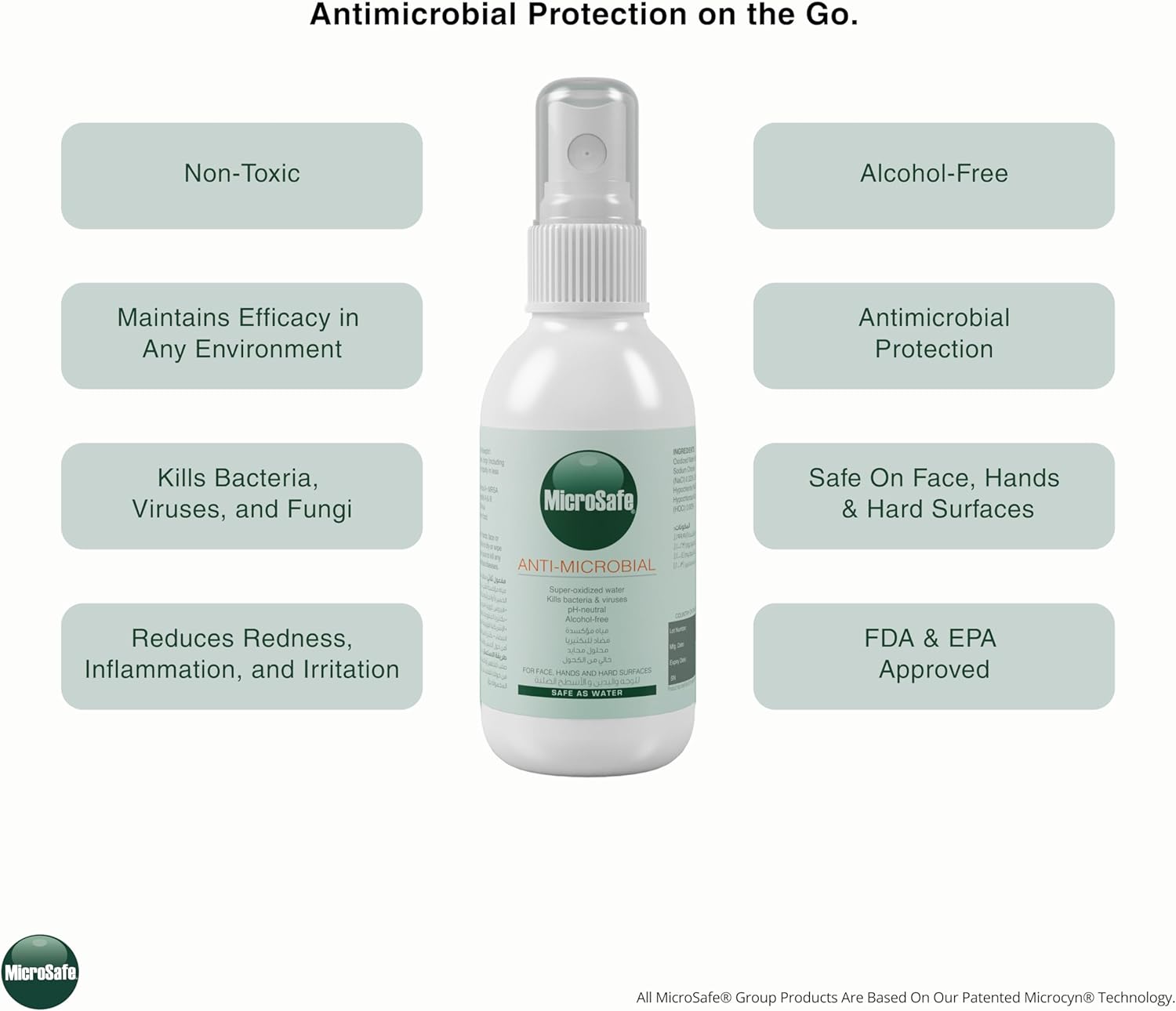 MicroSafe antimicrobial spray bottle with features listed on a white background