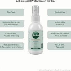 MicroSafe antimicrobial spray bottle with features listed on a white background