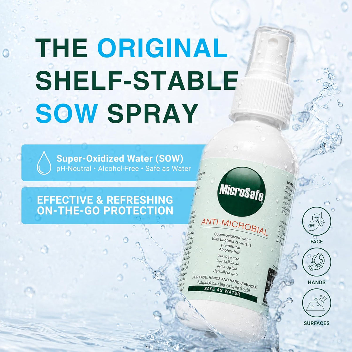 Antimicrobial Spray 120ml – Alcohol-Free Disinfectant for Hands, Face & Surfaces | Kills Bacteria & Viruses in 30 Seconds | Natural, Non-Toxic, No Smell, No Stickiness | Super-Oxidized Water Microsafe