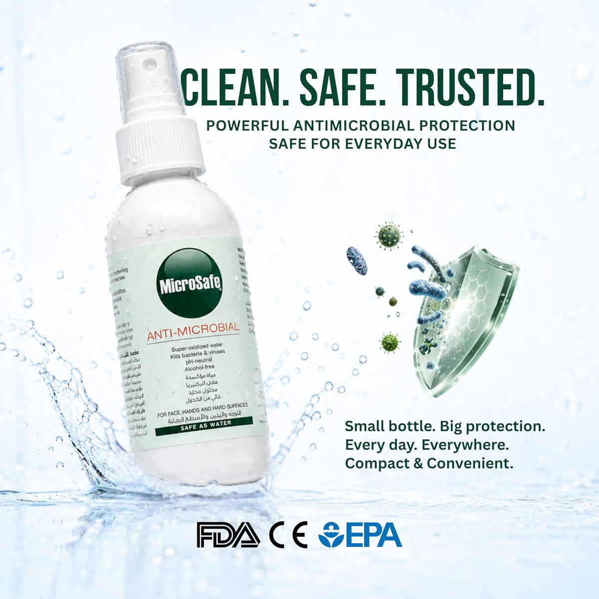 Antimicrobial Spray 120ml – Alcohol-Free Disinfectant for Hands, Face & Surfaces | Kills Bacteria & Viruses in 30 Seconds | Natural, Non-Toxic, No Smell, No Stickiness | Super-Oxidized Water Microsafe